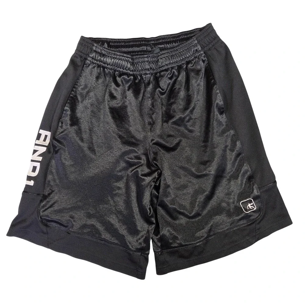 AND1 Mens Black Basketball Shorts Mesh Side Stripe Satin Finish Size Medium Y2k